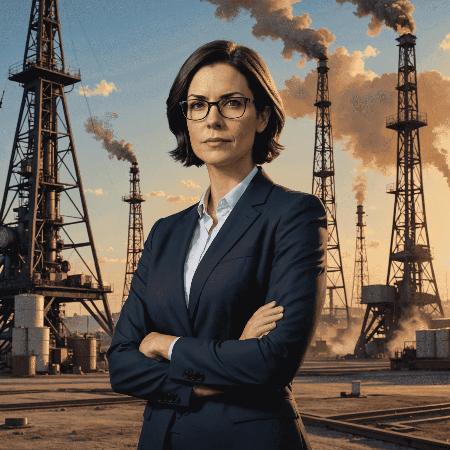 Sarah Johnson, a professional woman in her 30s with short dark hair and glasses, wearing a sleek business suit, standing confidently in front of oil derricks