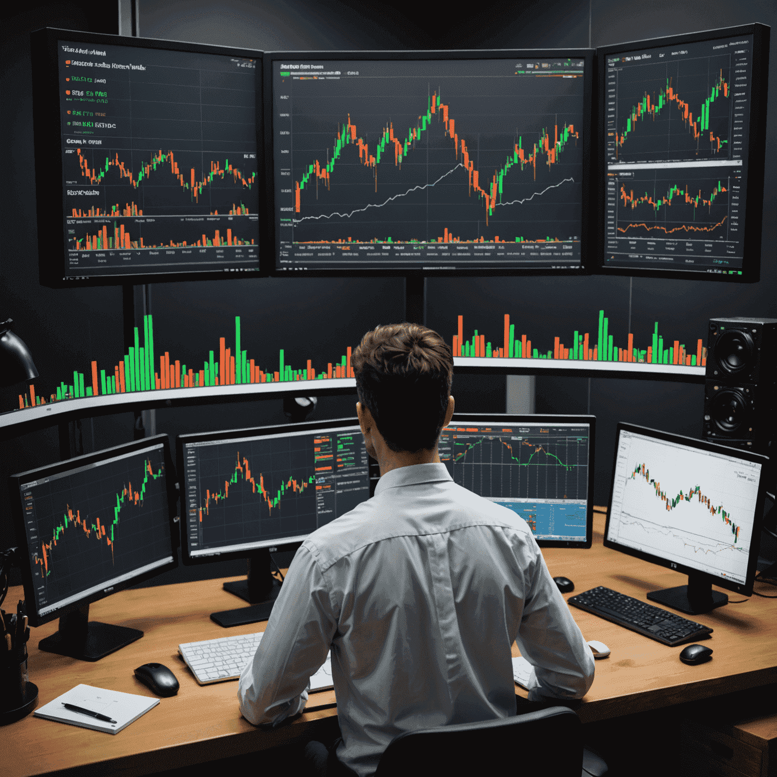 An illustration showing oil barrels, trading charts, and a beginner trader looking at a computer screen, symbolizing the basics of oil trading