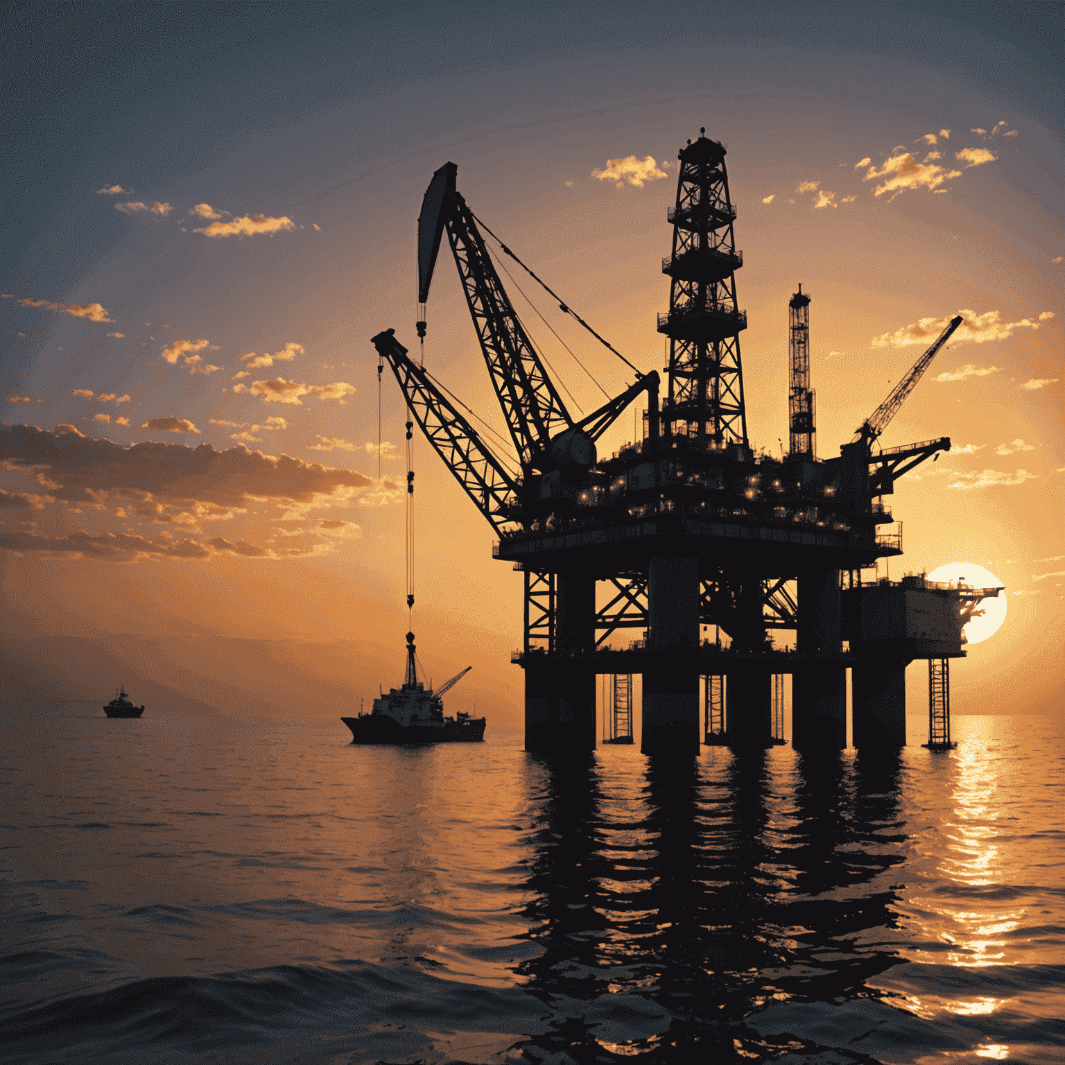 Oil rig at sunset with stock market graph overlay, symbolizing oil trading strategies