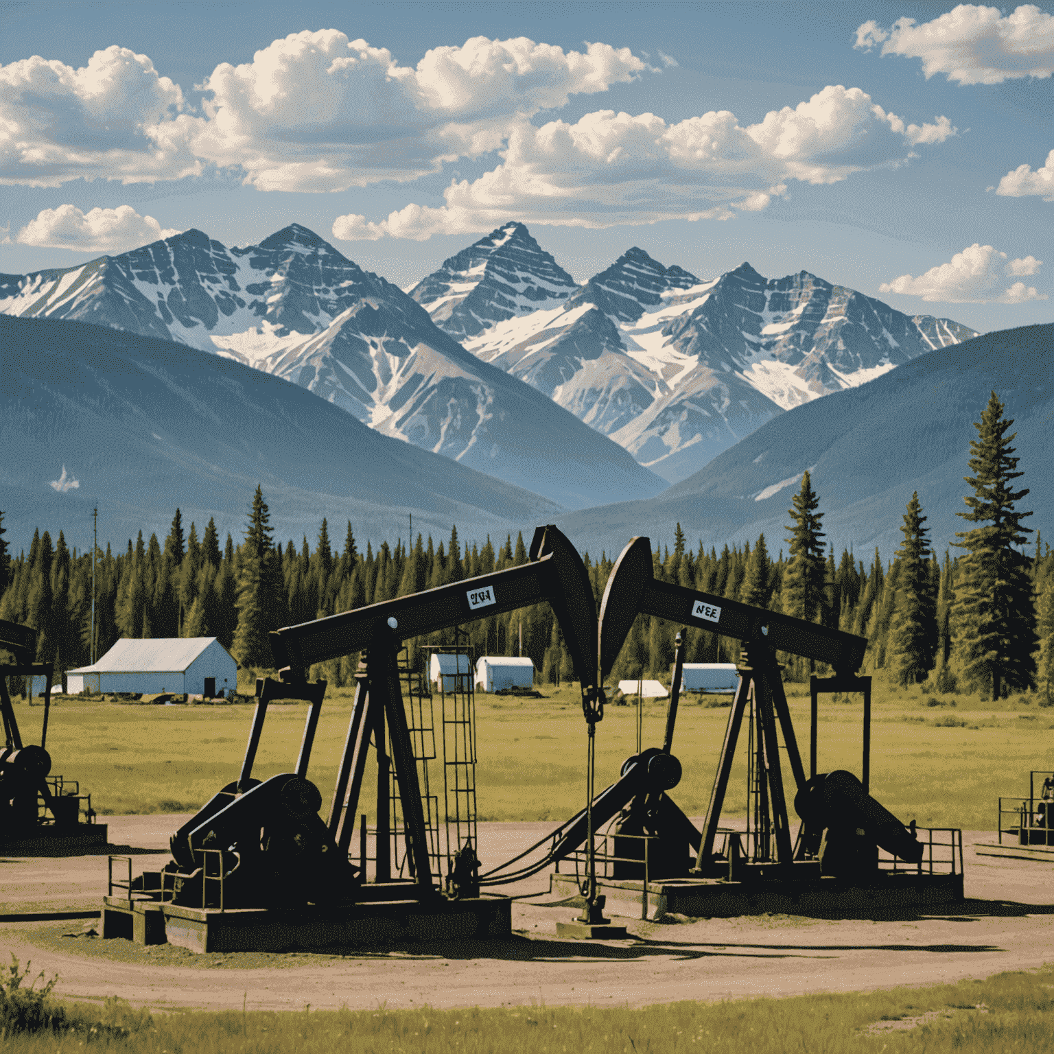 Canadian oil field with pump jacks and a backdrop of mountains, symbolizing the Canadian oil industry