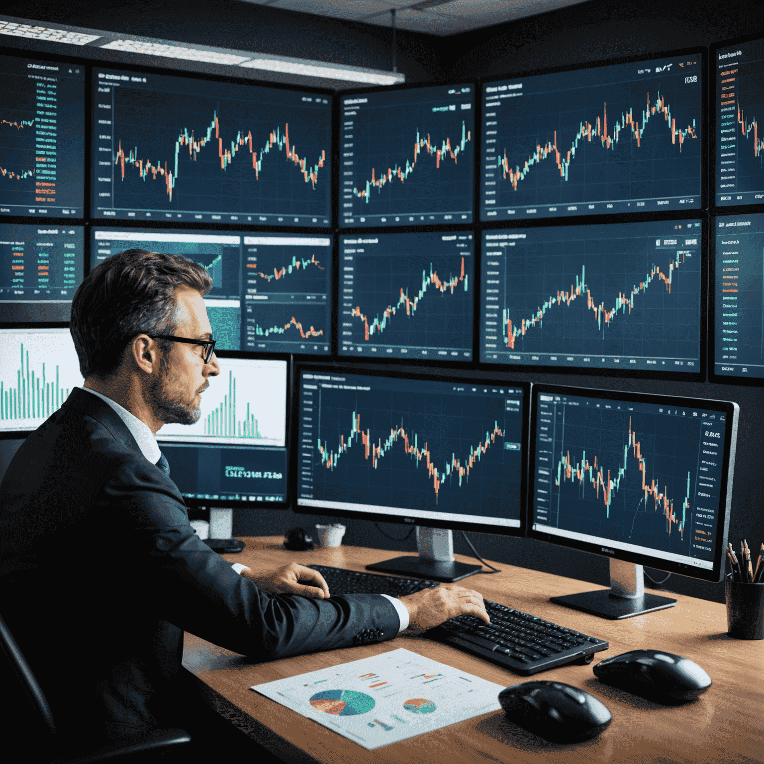 Businessman analyzing oil company stock charts on multiple screens