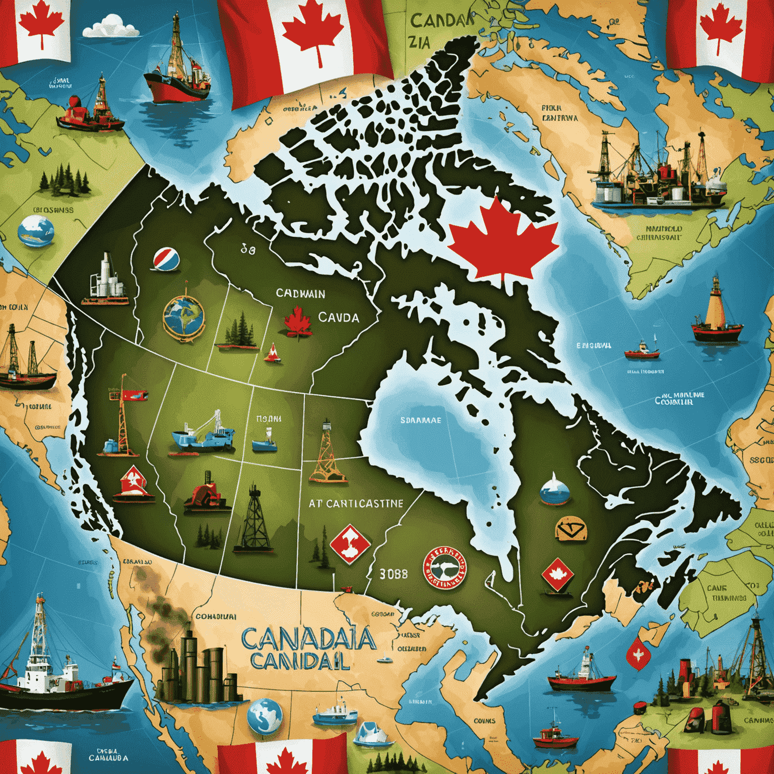 A map of Canada overlaid with oil industry symbols, trend charts, and passive income icons, representing the Canadian oil market trends