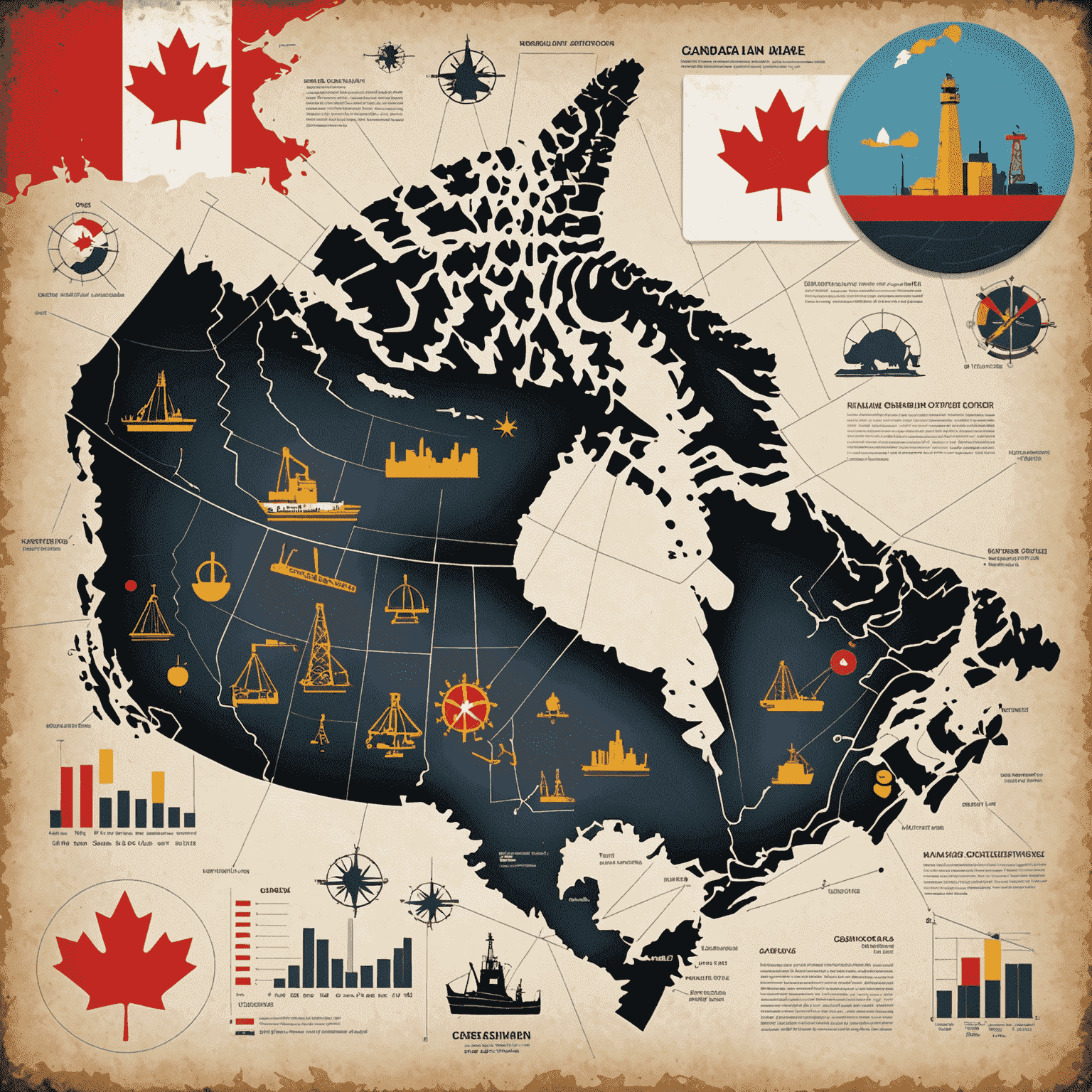 Map of Canada overlaid with oil industry symbols and trend graphs showing market analysis